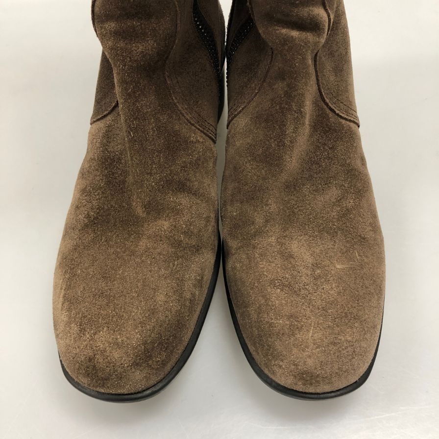 プラダ ニーハイ ブーツ スエード インサイドジップ サイドベルト ゴムソール レディース サイズ35 ブラウン PRADA 約22.0cm【AFI30】