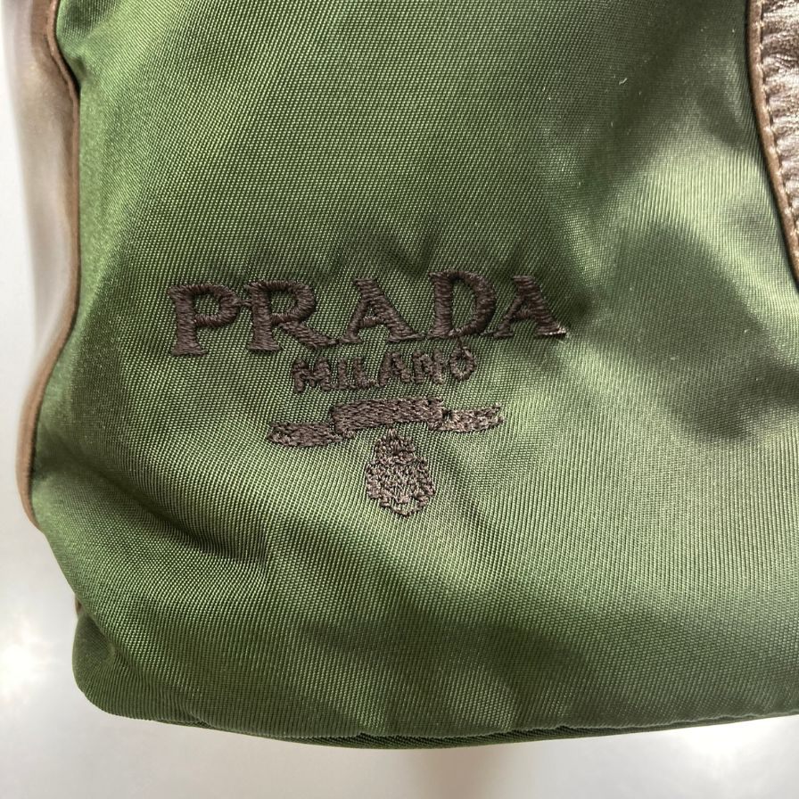 プラダ B6147 フラワーモチーフ トートバッグ レザー×ナイロン コンビ ブラウン×カーキ PRADA【AFE1】