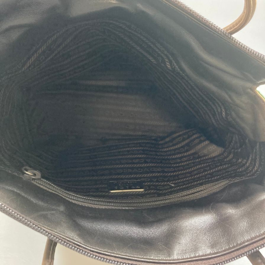 プラダ B6147 フラワーモチーフ トートバッグ レザー×ナイロン コンビ ブラウン×カーキ PRADA【AFE1】