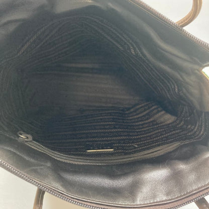 プラダ B6147 フラワーモチーフ トートバッグ レザー×ナイロン コンビ ブラウン×カーキ PRADA【AFE1】