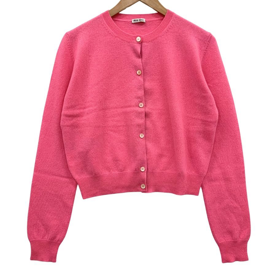 極美品◆ミュウミュウ カーディガン クルーネック カシミア100% レディース サイズ44 ピンク miumiu 【AFB28】