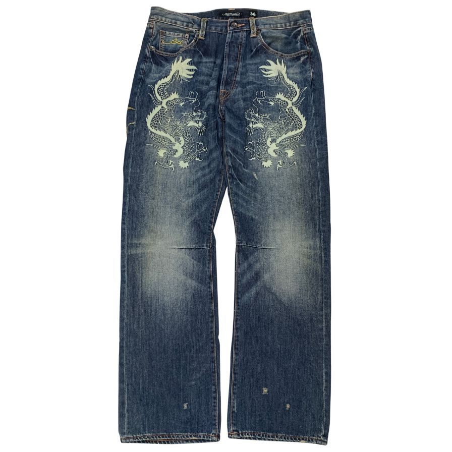 エドハーディー デニムパンツ 龍 刺繍 ペイント 装飾 ボタンフライ ウォッシュ USED加工 2009 インディゴ メンズ サイズ36 Ed Hardy 【AFB32】