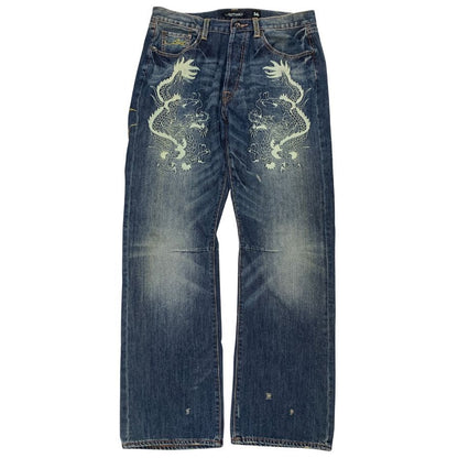 エドハーディー デニムパンツ 龍 刺繍 ペイント 装飾 ボタンフライ ウォッシュ USED加工 2009 インディゴ メンズ サイズ36 Ed Hardy 【AFB32】