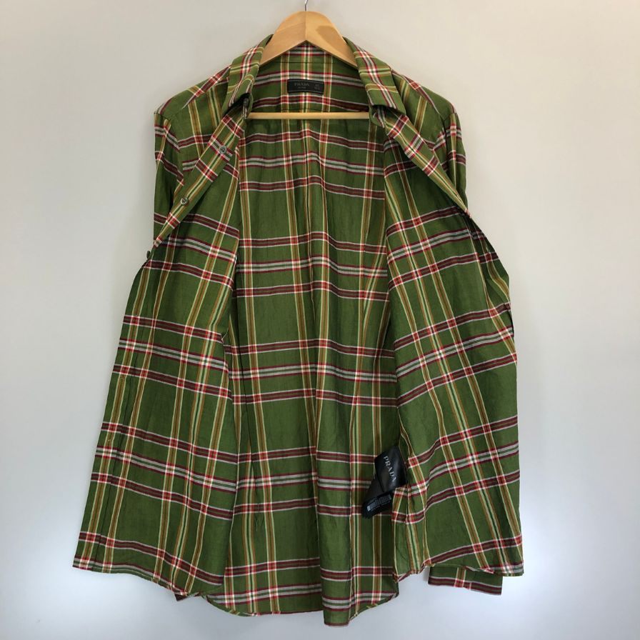 極美品◆プラダ 15SS チェックシャツ グリーン系 メンズ サイズ40 PRADA 【AFB4】