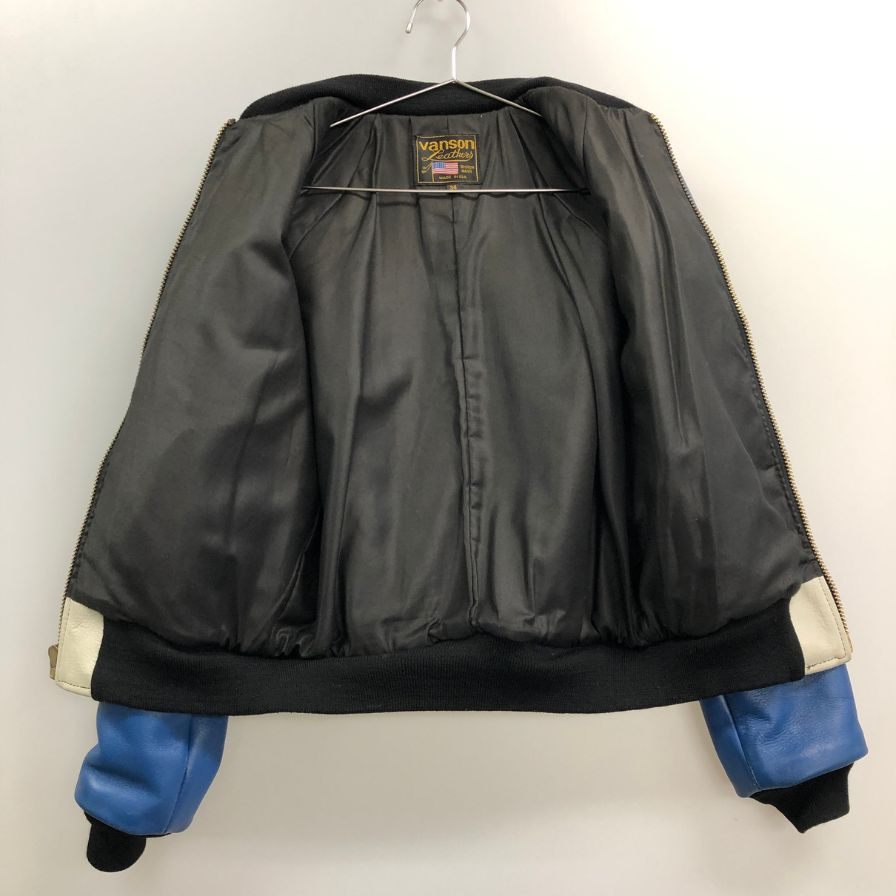 美品◆バンソン チームジャケット パッチ付 レザー MADE IN USA メンズ サイズ34 ブルー×ホワイト vanson 【AFF22】