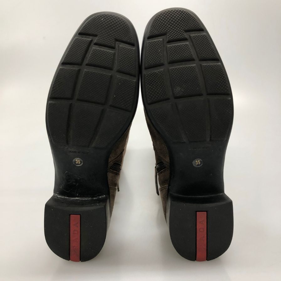 プラダ ニーハイ ブーツ スエード インサイドジップ サイドベルト ゴムソール レディース サイズ35 ブラウン PRADA 約22.0cm【AFI30】