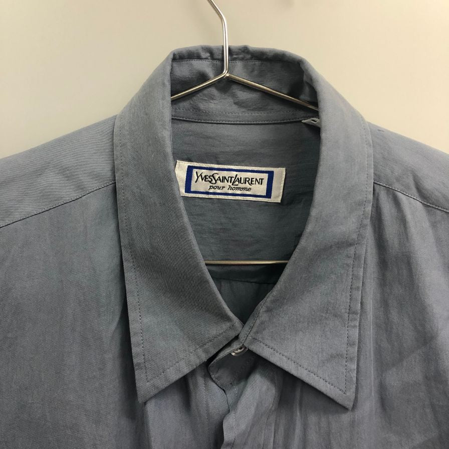 中古◆イブサンローラン プールオム シルクシャツ ブルー 90s メンズ サイズ4 YVES SAINT LAURENT POUR HOMME 【AFB35】