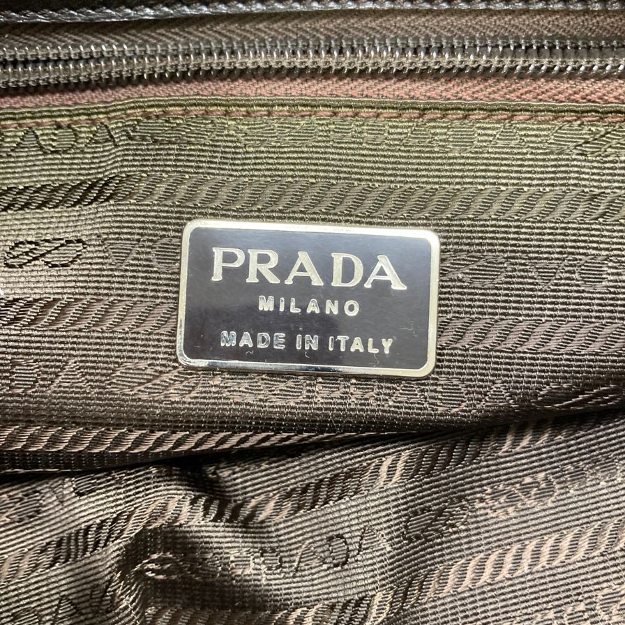 プラダ B6147 フラワーモチーフ トートバッグ レザー×ナイロン コンビ ブラウン×カーキ PRADA【AFE1】