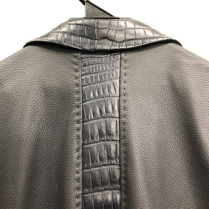 美品◆ブリオーニ ディアスキン クロコパッチ コンビ レザー ジャケット ブラック メンズ サイズ50 BRIONI 【AFA17】