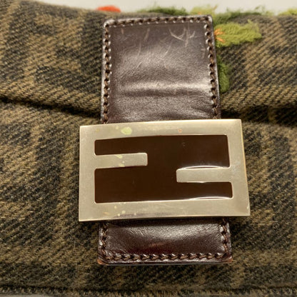 フェンディ ズッカ マンマバケット ウール ショルダーバッグ 花柄刺繍 グリーン系 FENDI【AFE9】