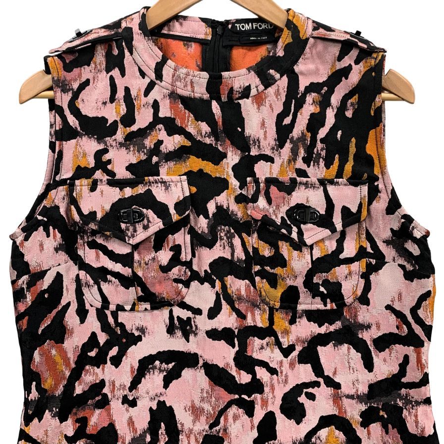 美品◆トムフォード ノースリーブ ワンピース フロントポケット ショルダーボタン レディース  サイズ42 総柄 TOM FORD 【AFB25】