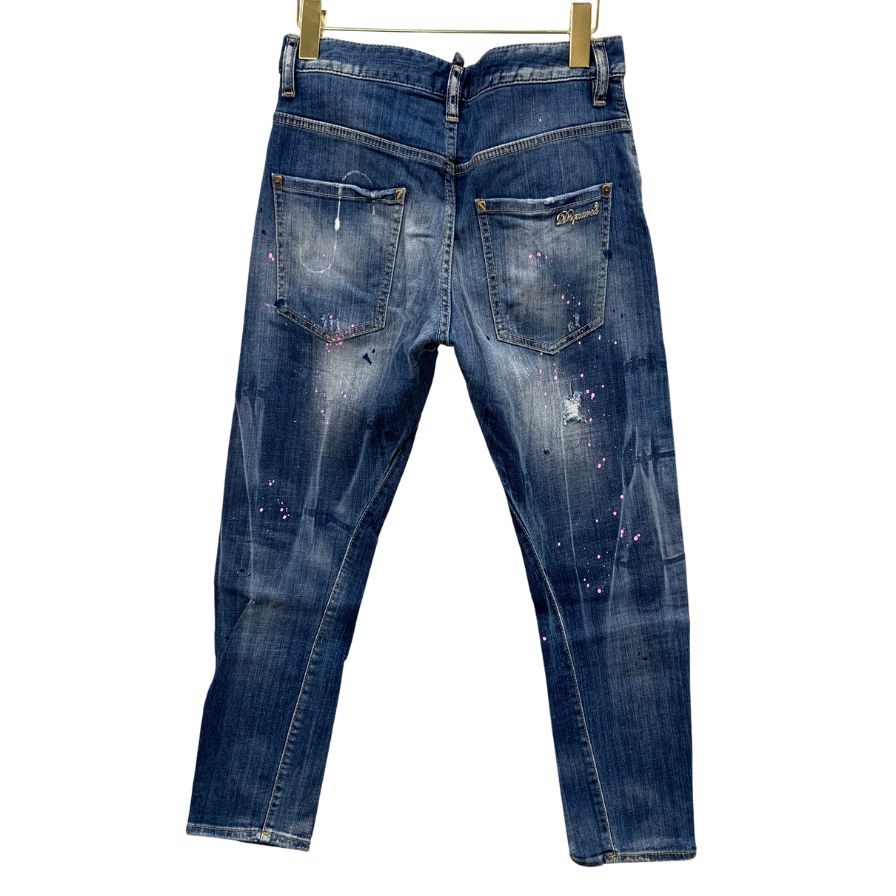 ディースクエアード デニムパンツ kenny jean S75LA0615 ロゴ金具 ペイント加工 クラッシュ加工 コットン ポリウレタン ブルー系 レディース サイズ40 DSQUARED2 【AFB41】