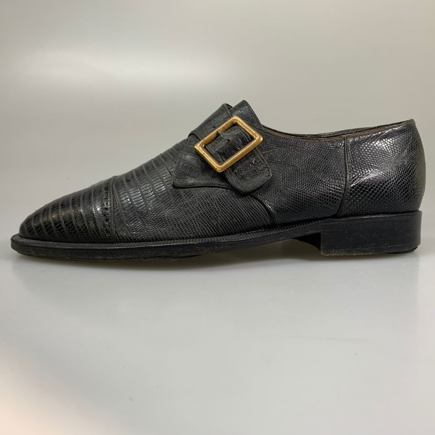 パチョッティ レザーシューズ シングルモンク ストラップ リザード 型押し ブラック サイズ6.5 PACIOTTI 約25.5cm【AFC41-2】