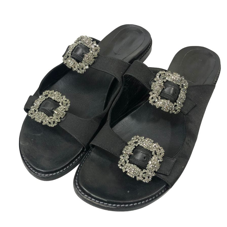 マノロブラニク サンダル ハンギシ ビジュー付き レザー×サテン ブラック レディース サイズ39 MANOLO BLAHNIK 約25.0cm【YB3】