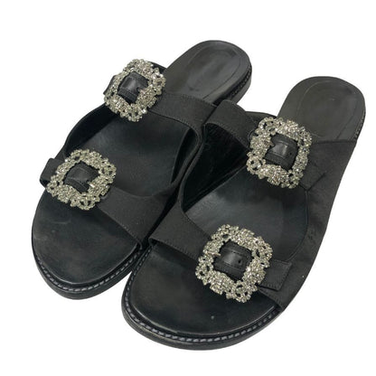 マノロブラニク サンダル ハンギシ ビジュー付き レザー×サテン ブラック レディース サイズ39 MANOLO BLAHNIK 約25.0cm【YB3】