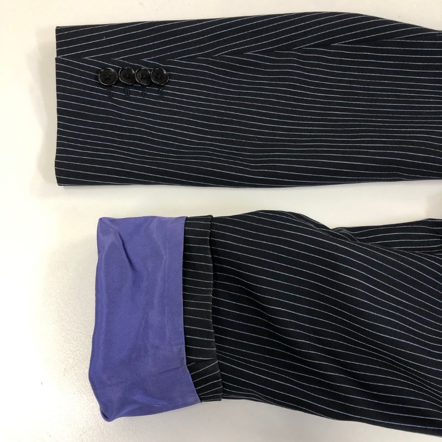 美品◆エトロ 3つボタン 3Bジャケット ストライプ柄 裏地パープル メンズ サイズ48 ネイビー ETRO 【AFA18】
