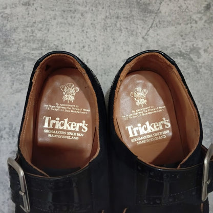 トリッカーズ M7610 ワンストラップシューズ タッセル付き ブラック スエードパテントレザーコンビ  メンズ サイズUK7  Tricker's スリッポン 約25.5cm【LA】【中古】