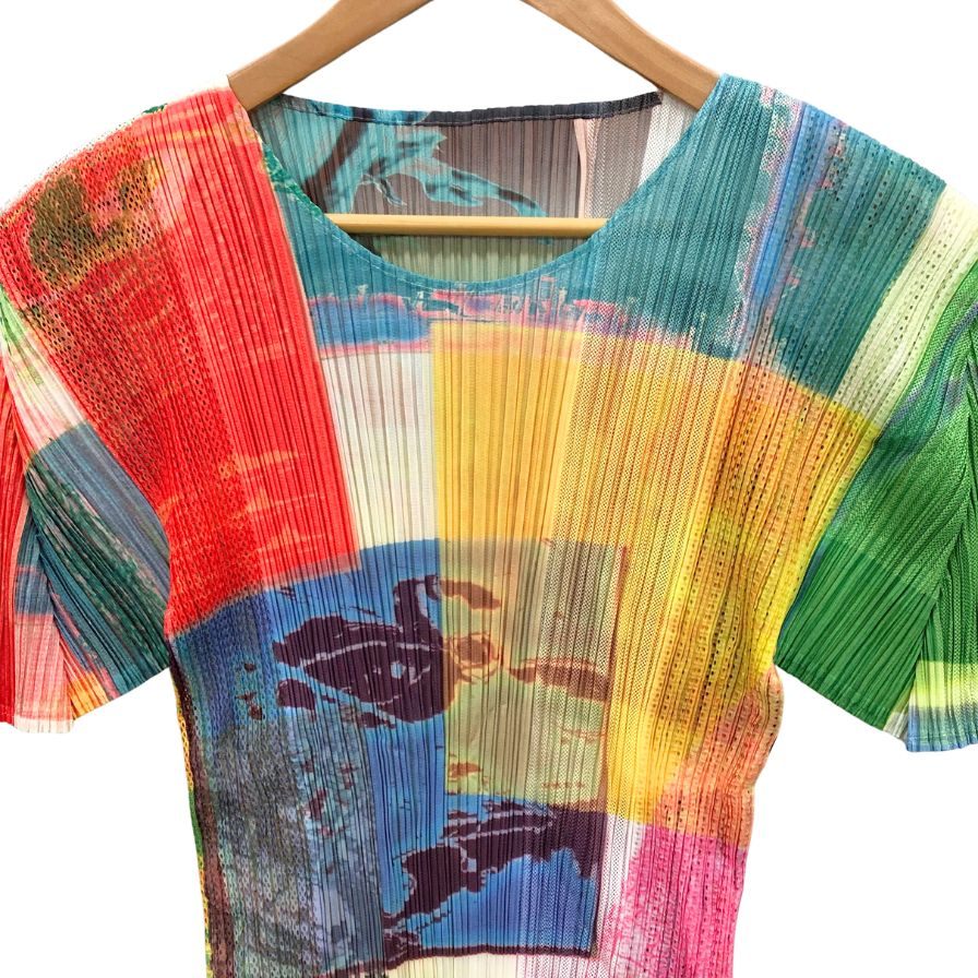 極美品◆プリーツプリーズ イッセイミヤケ 半袖カットソー マルチカラー レディース サイズ3 PP12-JK614 PLEATS PLEASE ISSEY MIYAKE 【AFB43】