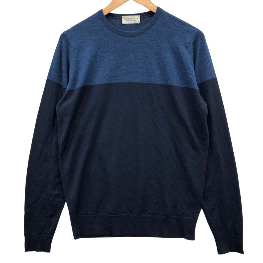 中古◆ジョンスメドレー セーター クルーネック ニット ウール 薄手 バイカラー 2トーン 切替 ネイビー メンズ サイズM JOHN SMEDLEY 【AFB9】