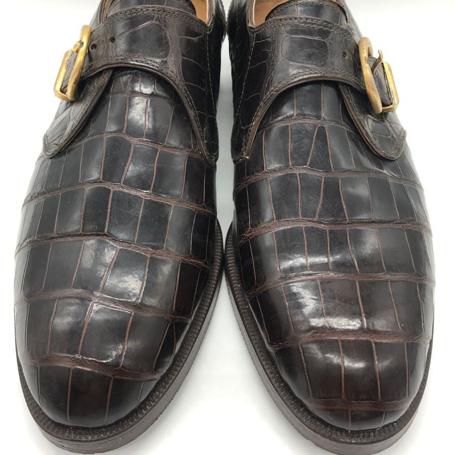 マウリ レザーシューズ シングルモンク 2901 クロコ プレーントゥ メンズ ブラウン サイズUK6.5 mauri 約25.5cm【PTM4】