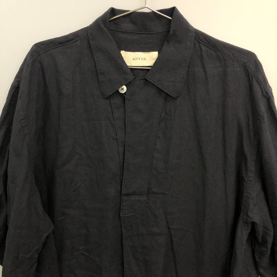 美品◆アントス スキッパー シャツ プルオーバー 半袖 リネン100% MADE IN JAPAN メンズ サイズ2 ブラック ANTOS. TOKYO 【AFB46】