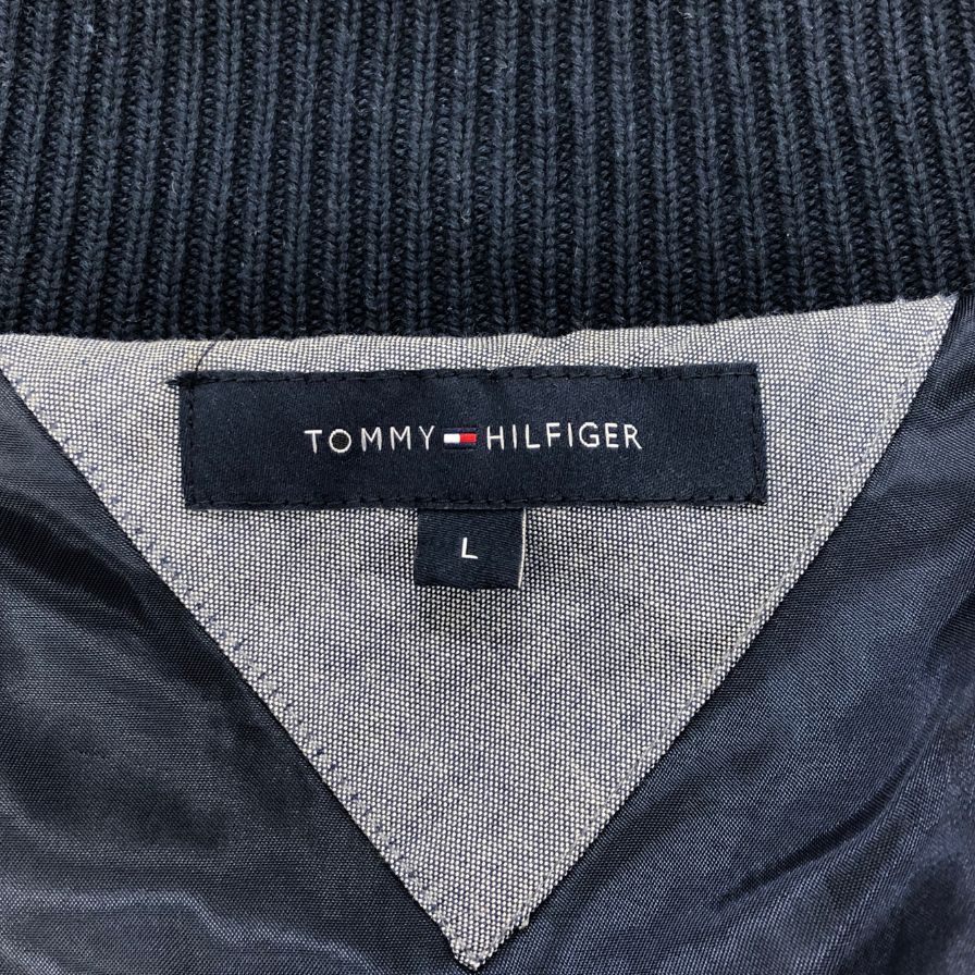 中古■トミーヒルフィガー スタジャン リブ ニットジャケット ブルゾン アップリケ ワッペン ネイビー メンズ サイズL TOMMY HILFIGER 【AFB18】
