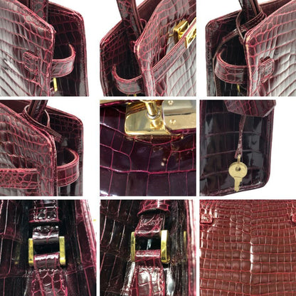 ノーブランド ショルダーバッグ クロコダイル 本革 レザー ターンロック ボルドー ゴールド金具 GENUINE CROCODILE SKIN【AFE6】