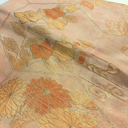 着物 袋帯 緞子 菊花紋 ノーブランド 桃花色／薄柿色【AFB15】【中古】