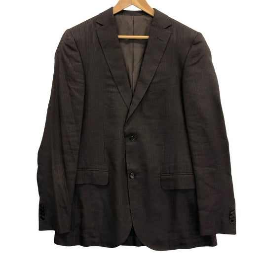美品◆エルメネジルド ゼニア テーラードジャケット  ストライプ シルク リネン ブラウン メンズ サイズ48R ErmenegildoZegna 【AFB30】