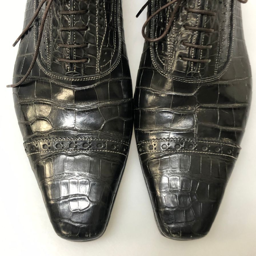 サントーニ レザー クロコダイル 型押し パンチドキャップトゥ ストレートチップ メンズ サイズ8.5 ブラック Santoni 約27.5cm【PTM2】