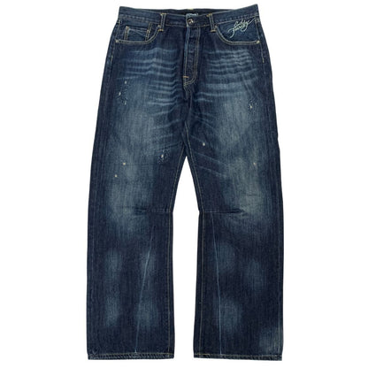 エドハーディー デニムパンツ ドクロ 蛇 刺繍 ペイント 装飾 ボタンフライ ウォッシュ USED加工 2009 インディゴ メンズ サイズ36 Ed Hardy 【AFB27】