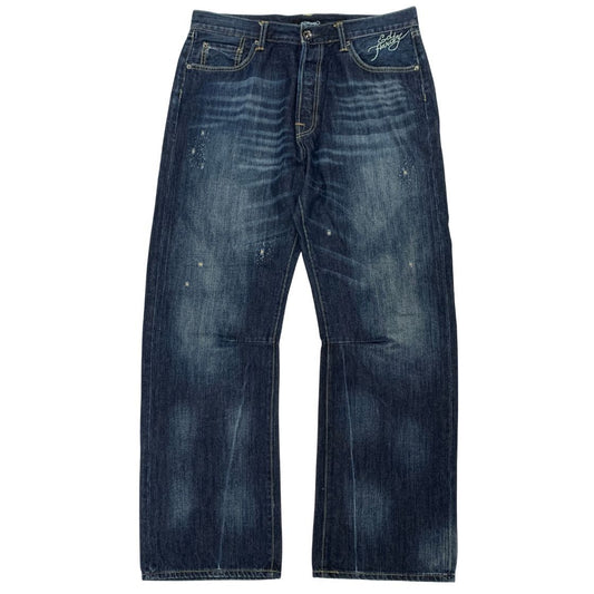 エドハーディー デニムパンツ ドクロ 蛇 刺繍 ペイント 装飾 ボタンフライ ウォッシュ USED加工 2009 インディゴ メンズ サイズ36 Ed Hardy 【AFB27】