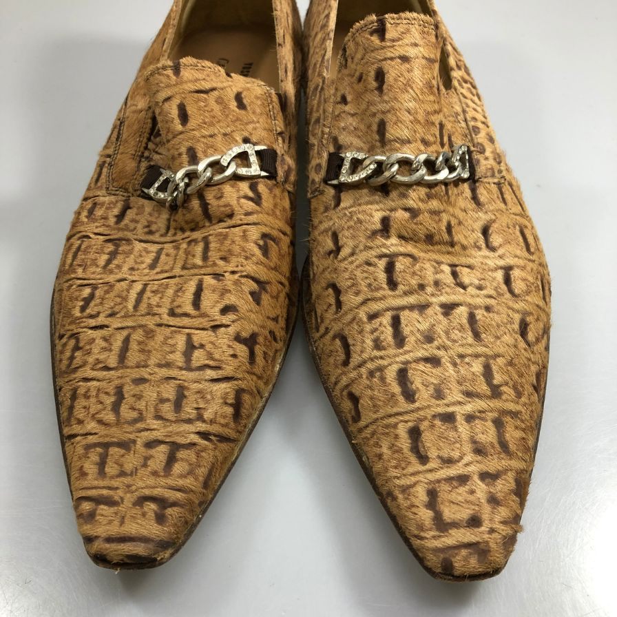 ヨシユキコニシ×カルロヴェントゥーラ スリッポン 総柄 レザー ビットローファー メンズ ブラウン系 サイズ41.5 CARLO VENTURA 約26.5cm【AFC47】