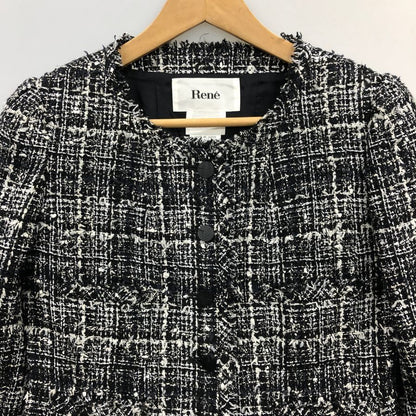 美品◆ルネ ティシュー ノーカラー ツイードジャケット 6343050 38サイズ ブラック系 6343050 Rene Tissue 【AFB42】