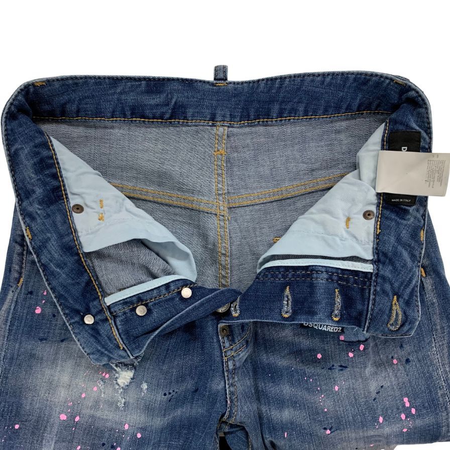 ディースクエアード デニムパンツ kenny jean S75LA0615 ロゴ金具 ペイント加工 クラッシュ加工 コットン ポリウレタン ブルー系 レディース サイズ38 DSQUARED2 【AFB21】