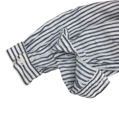 美品◆フレンチリネン プルオーバー ストライプ リネンシャツ 白×青 サイズM レディース 麻 長袖シャツ french linen 【AFB15】