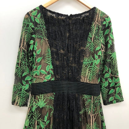 極美品◆タダシショージ ドレス レーヨン 葉っぱ柄 刺繍  レース レディース ブラック サイズ2 総柄 TADASHI SHOJI 【AFB4】