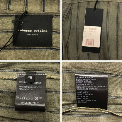 美品◆ロベルト コリーナ 半袖シャツ ボタン ストライプ  メンズ カーキ サイズ48 ROBERTO COLLINA 【AFB19】