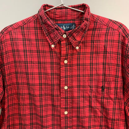美品◆ラルフローレン ボタンダウンシャツ 90S オールド チェック レッド メンズ サイズM Ralph Lauren 【AFB7】