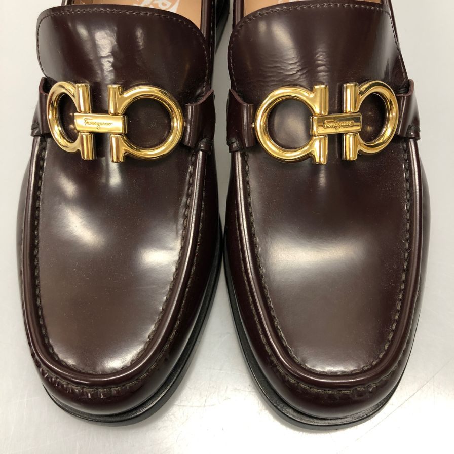 フェラガモ ビットローファー ゴールド メンズ ブラウン サイズ6EE Ferragamo 約24.5cm【AFD3】