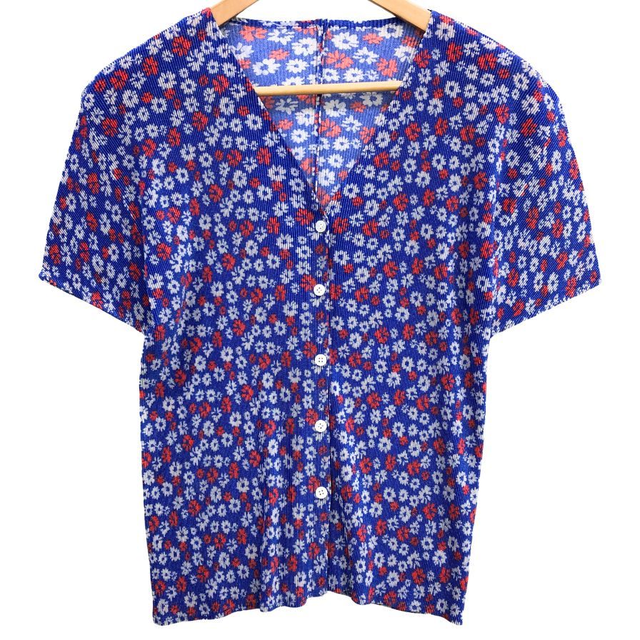 美品◆プリーツプリーズ イッセイミヤケ 半袖シャツ Vネック 総柄 レディース サイズ3 PP22-FO872 PLEATS PLEASE ISSEY MIYAKE 【AFB36】