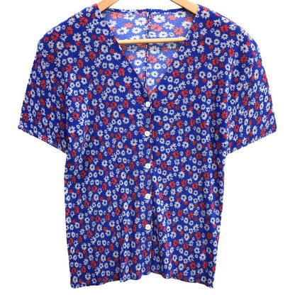 美品◆プリーツプリーズ イッセイミヤケ 半袖シャツ Vネック 総柄 レディース サイズ3 PP22-FO872 PLEATS PLEASE ISSEY MIYAKE 【AFB36】
