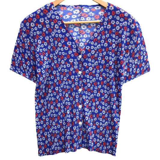 美品◆プリーツプリーズ イッセイミヤケ 半袖シャツ Vネック 総柄 レディース サイズ3 PP22-FO872 PLEATS PLEASE ISSEY MIYAKE 【AFB36】