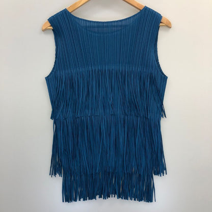 極美品◆プリーツプリーズ ノースリーブカットソー フリンジ ブルー系 サイズ3 レディース PP71-JK791 PLEATS PLEASE ISSEY MIYAKE 【AFB45】