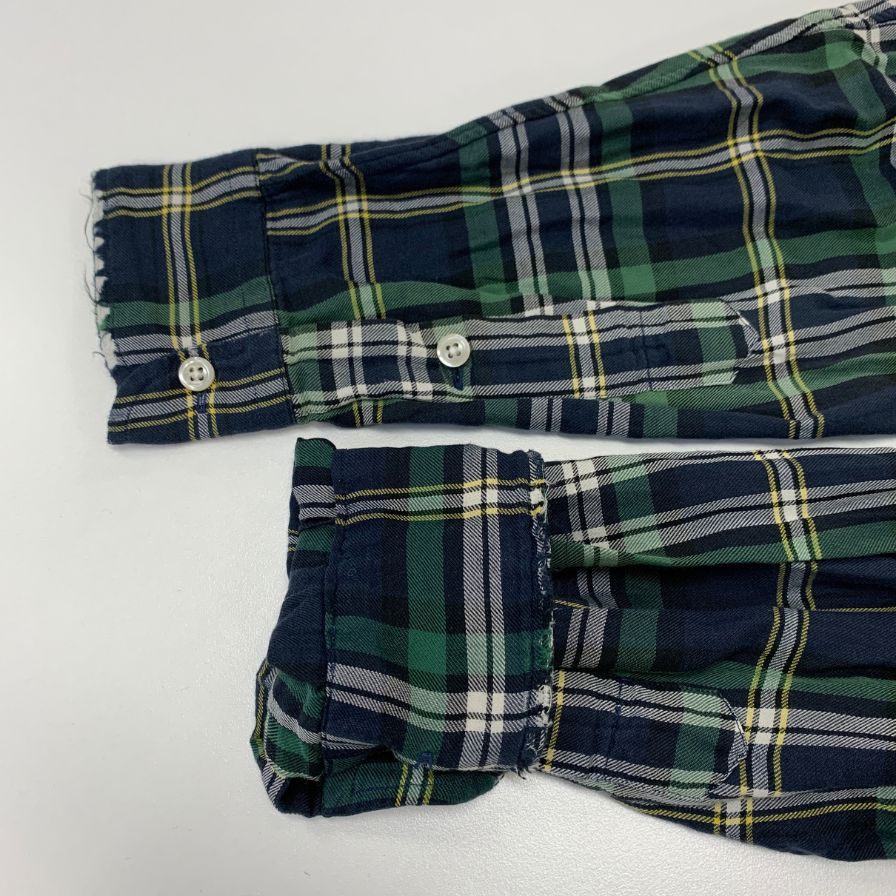 美品◆ラルフローレン バンドカラーシャツ 90S オールド タータンチェック ネイビー系 メンズ サイズM Ralph Lauren 【AFB4】