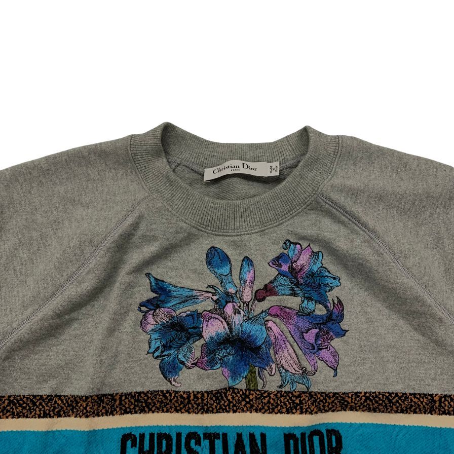 中古◆クリスチャンディオール スウェット クルーネック 半袖 フラワー刺繍 レディース グレー Christian Dior レディース【AFB14】