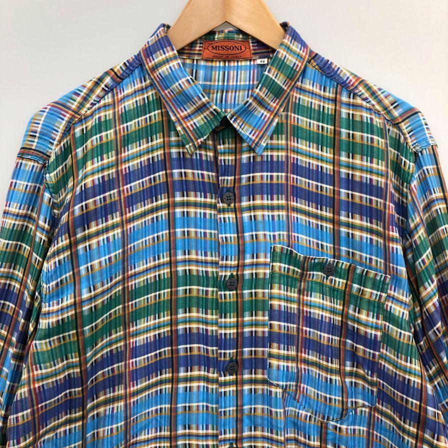 美品◆ミッソーニ チェックシャツ コットン イタリア製 ブルー メンズ サイズ 48 MISSONI 【AFB18】