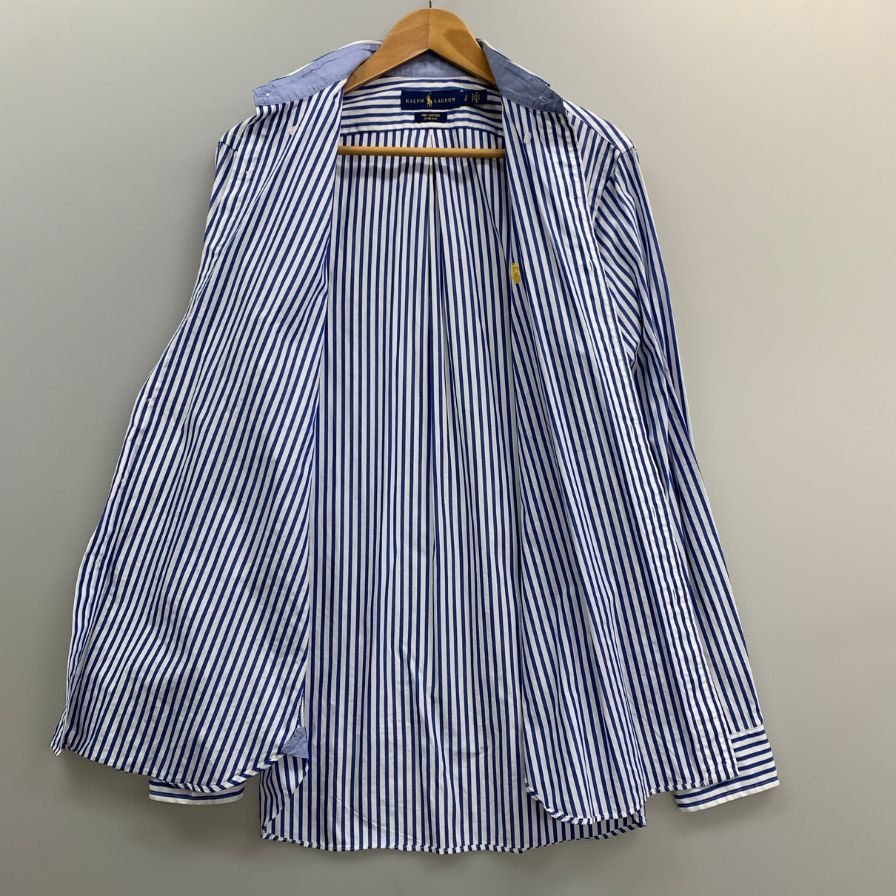 美品◆ラルフローレン シャツ ストライプ イエローロゴ刺繍 コットン ブルー系 メンズ サイズSP RALPH LAUREN 【AFB11】