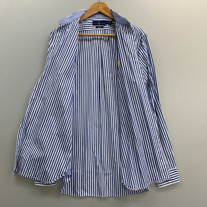 美品◆ラルフローレン シャツ ストライプ イエローロゴ刺繍 コットン ブルー系 メンズ サイズSP RALPH LAUREN 【AFB11】