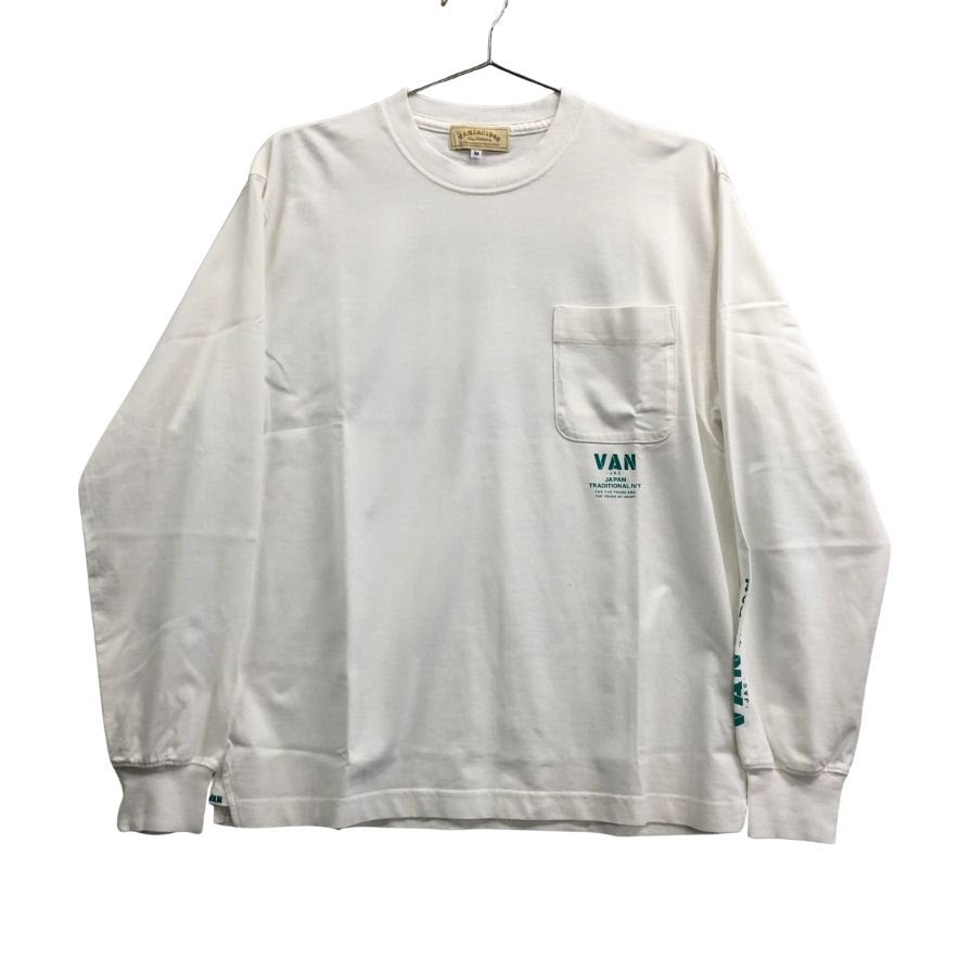 極美品◆ヴァンヂャケット ロングスリーブTシャツ バックロゴ ホワイト×グリーン サイズM VAN 【AFB29】